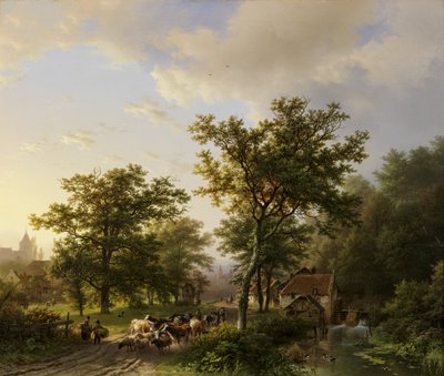 Landscape with Watermill and Cattle-Driving Farmers by Barend Cornelis Koekkoek